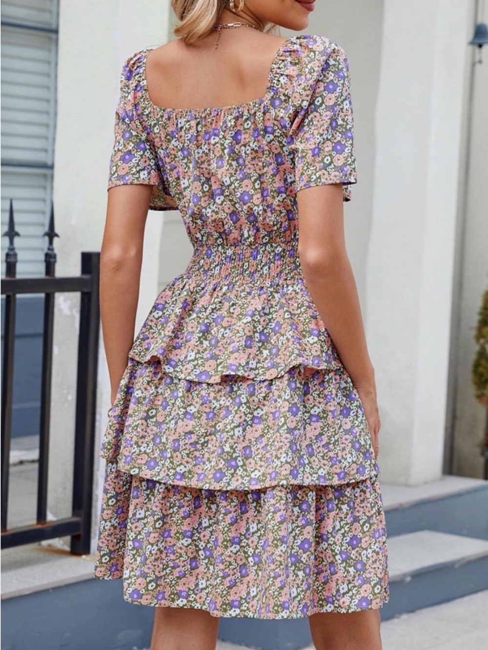 Smocked Waist High-Low Floral Dress in Lavender Mix - Picture 2 of 6